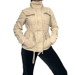 Classic Cotton Safari Utility Jacket High Collar Neutral Beige Small